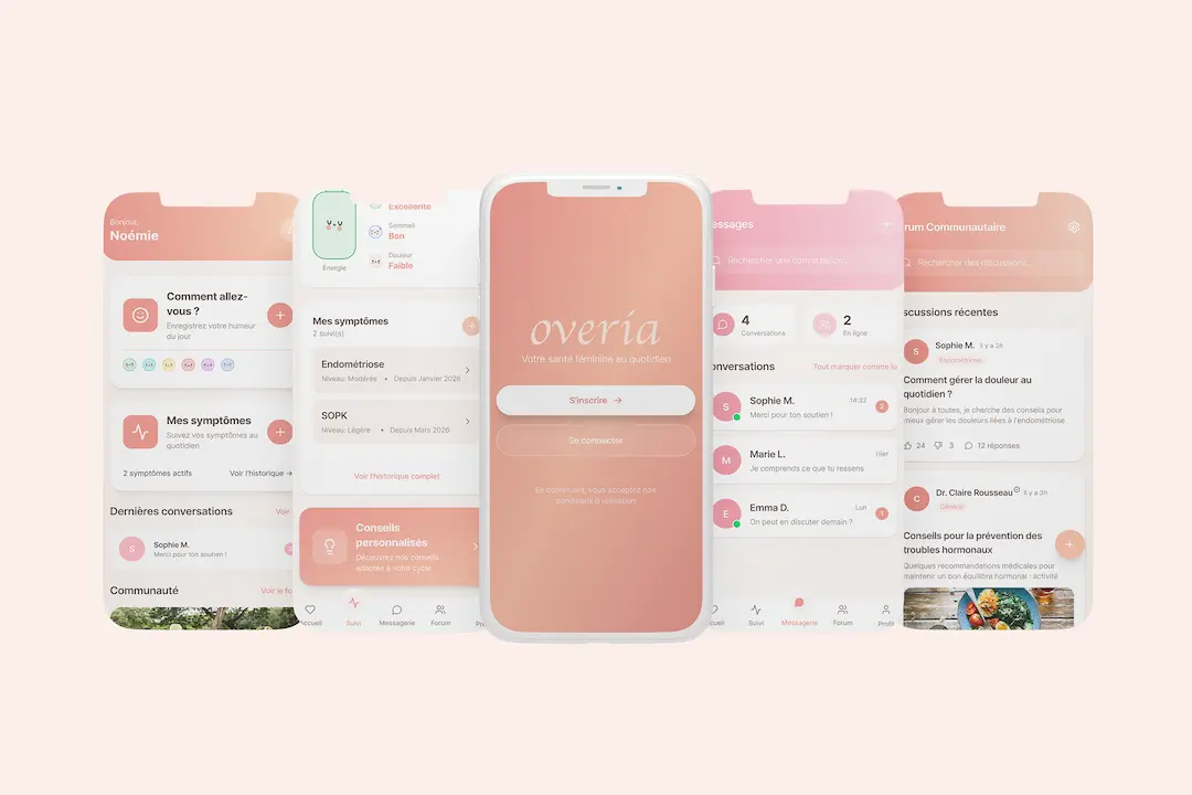 Parcours d'accueil et écrans de l'application Overia